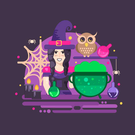 Witches cauldron halloween composition. Halloween poster with witch, owl, cauldron, magic potions, candles and spider web.のイラスト素材