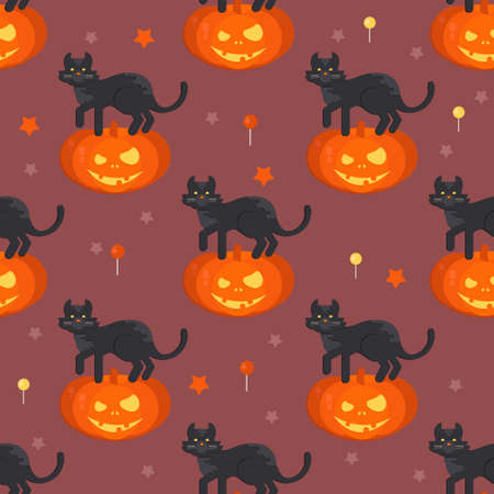 Halloween pumpkin head with black cat seamless pattern. Halloween background for shops, wrapper, gift wrap, textile, party banners and wallpaper.のイラスト素材