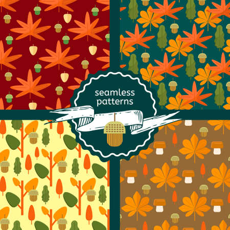 Set of autumn foliage seamless patterns. Fall theme backgrounds with leaves, mushroom and acorns in flat style. Flat vector illustration.のイラスト素材