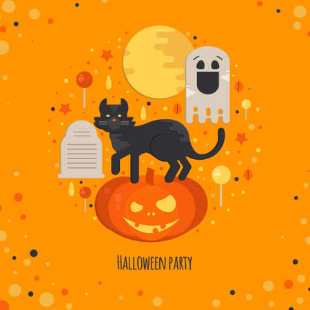 Halloween party concept in flat style. Vector composition with pumpkin head, cat, moon, ghost, candies and tombstone.のイラスト素材