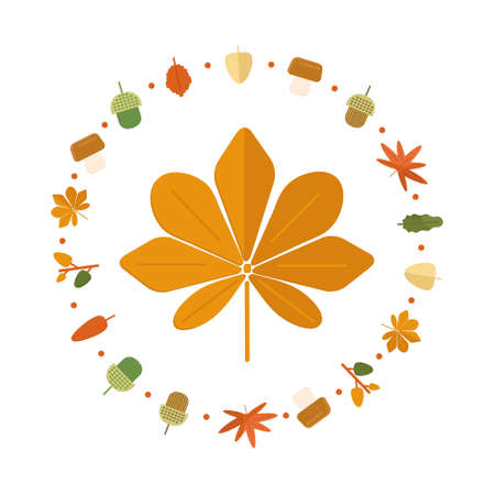 Autumn foliage composition in circle shape. Fall theme concept with leaves, mushroom and acorns in flat style. Flat vector illustration.のイラスト素材