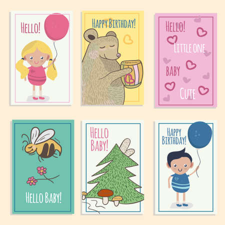 Baby flyer concept illustrations. Hand drawn doodle baby shower cards, brochures and invitations. Cards with elements for birthday party. Child flyers and banners.のイラスト素材