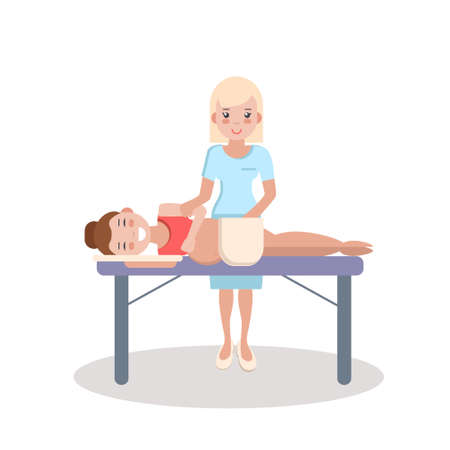 Pregnant massage and health care. Wellness treatment massage. Relaxing massage for pregnant women. Medical worker doing massage for pregnant women.のイラスト素材