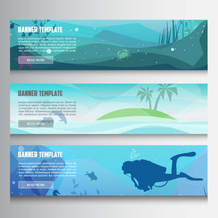 Underwater horizontal banners.Horizontal banners with scenes presents ocean,sea animals,island,diving.Colorful low polygon banner set.Island in the ocean and underwater world with different animalsのイラスト素材