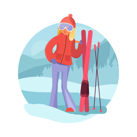 Skier girl winter sports concept. Girl with skis on natural background. Young girl skiing flat style vector. Cute blonde girl in ski goggles.のイラスト素材