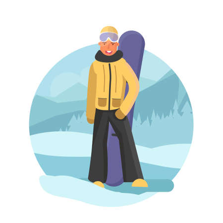 Snowboarder guy flat style. Winter srort concept illustration. Man with snowbard on winter background. Vector illustration in circle shape.のイラスト素材