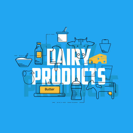 Dairy products line icons set. Dairy icons on blue background. Set of milk products logos and labels for farming and production. Dairy products concept illustration.のイラスト素材