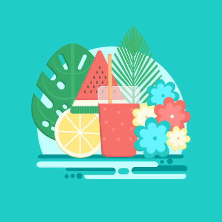 Tropical cocktails with fresh fruits in flat style. Vector illustration with palm leaves and fresh drink. Summer holidays design.のイラスト素材