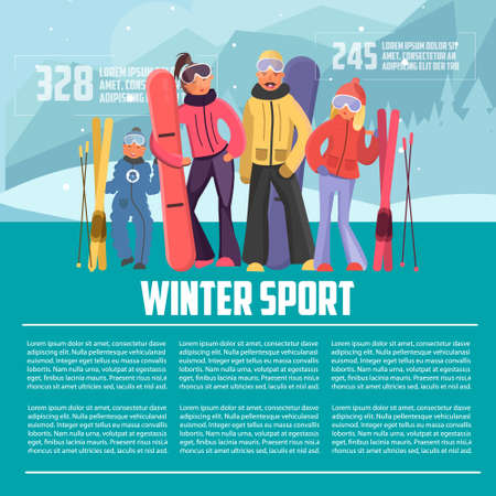 Winter sport template. Skier family on vacation. Family winter sports vector illustration. Family with snowboards and skis. Parents with children on winter vacation. Winter vacation letterhead template.のイラスト素材