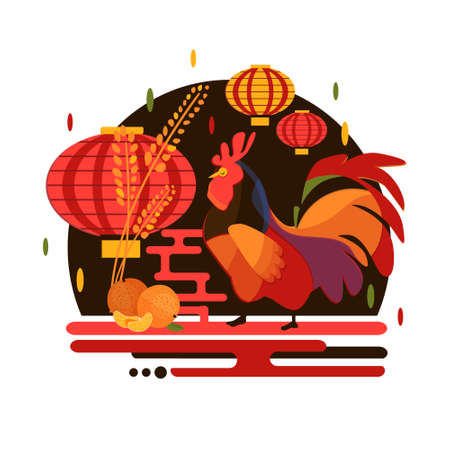 Chinese New Year 2017 rooster concept. Flat style iilustration with rooster, mandarin and chinese lantern. Christmas and new year party concept design with bird and fruit.のイラスト素材