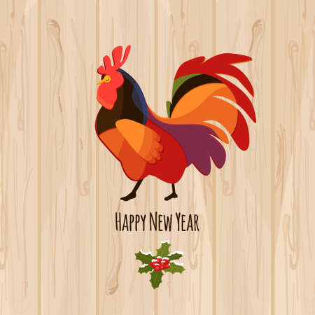 Happy New Year 2017 rooster concept. Flat style iilustration with rooster, mandarin and Holly plant. Happy New Year and Christmas greeting cardのイラスト素材