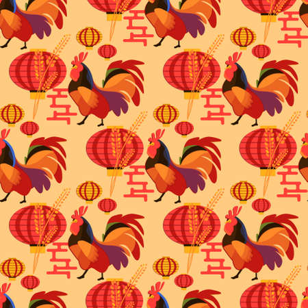 Chinese new year rooster pattern. Seamless background with chinese lantern and rooster. Christmas and new year party concept design.のイラスト素材