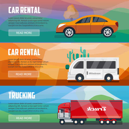Trucking and car rental banners. Horizontal banners set. Advertising posters for car rental agency. Cars bussiness template.のイラスト素材
