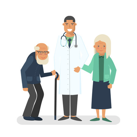 Pensioners with doctor vector illustration. Old man and lady with doctor. Care for the elderly concept illustration.のイラスト素材