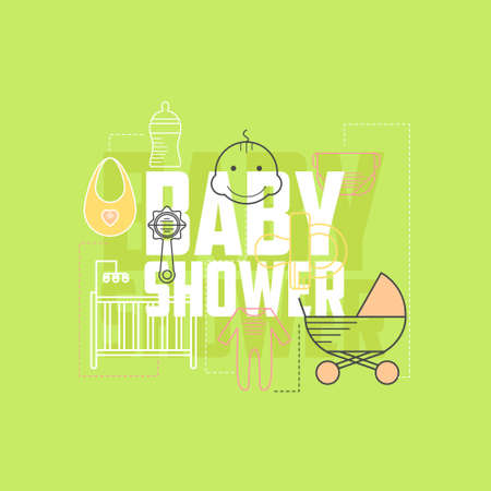 Baby shower icons. Line style child theme icons set. Baby shower elements: diaper, stroller, baby bottle, cradle, pacifier.のイラスト素材