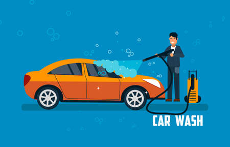 Car wash banner. Man washing car vector illustration. Car wash concept with sport orange car.のイラスト素材