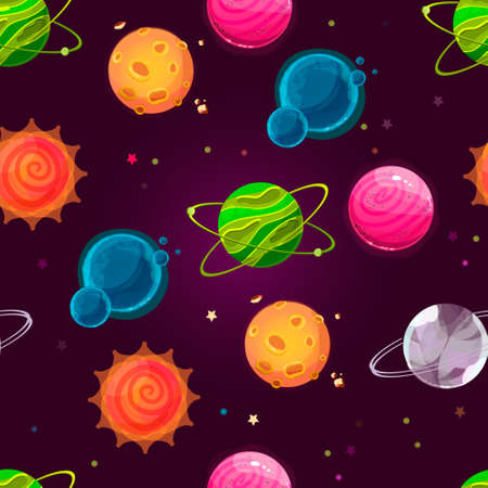 Fantasy planet pattern. Vector concept illustration in flat style. Seamless background with different planets, sun and stars. Creative cosmic backdrop.のイラスト素材