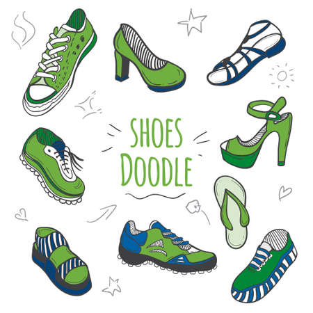 Boots color of the year 2017 doodle collection. Set of doodle shoes with sneakers, loafers, flip flops and sandals.Vector greenery illustration.のイラスト素材