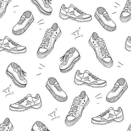 Boots doodle pattern. Background with doodle shoes with sneakers, loafers and sport boots.Vector black and white illustration.のイラスト素材