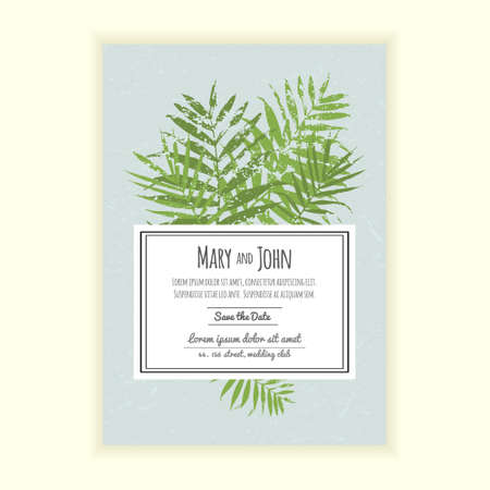 Greenery wedding invitation card. 2017 trendy colors wedding invitation. Card with palm leaves in colors of the year 2017.のイラスト素材