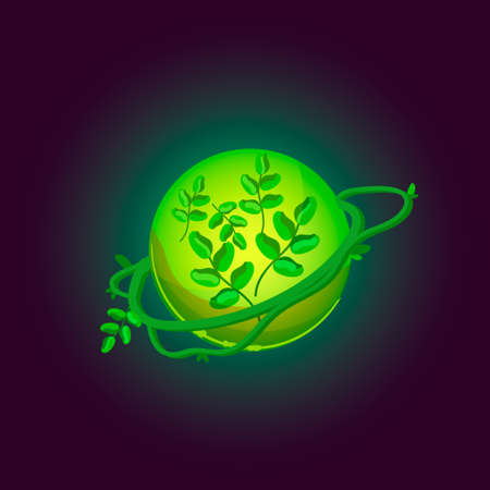 Fantasy planet logo. Flat style vector illustration for games and apps. Green forest planet on black background.のイラスト素材
