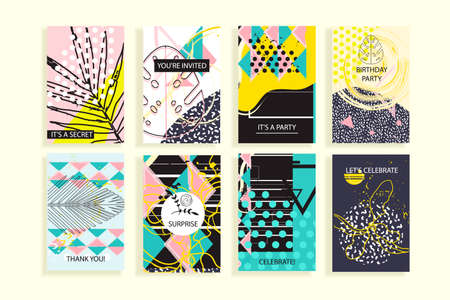 Universal floral posters set. Creative hand drawn textures with palm leaves. Cards for wedding, anniversary, birthday, Valentin's day, party invitations.  Trendy design cards.のイラスト素材