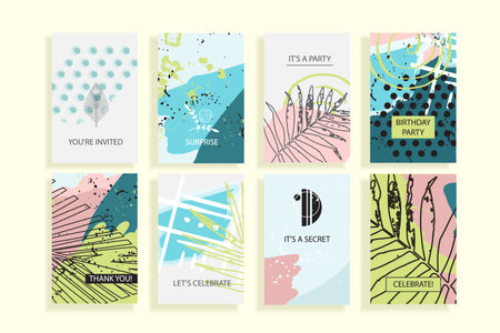 Universal floral posters set. Creative hand hrawn textures with palm leaves. Cards for wedding,...