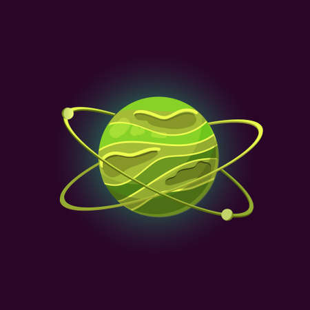 Fantasy planet logo. Flat style vector illustration for games and apps.Green planet with asteroid belts on black background.のイラスト素材