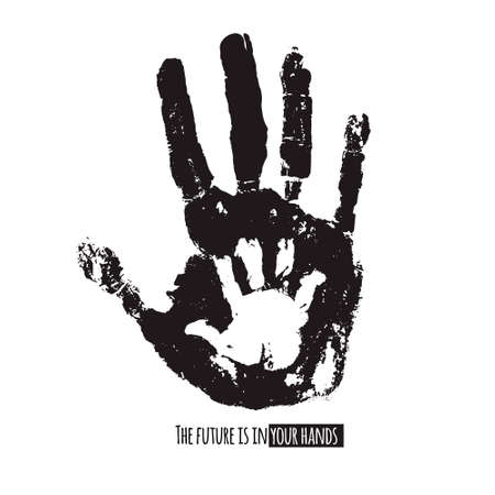 Future in your hands social illustration. Handprint of an adult and a child. Vector black and white illustration. Parenting creative design.のイラスト素材
