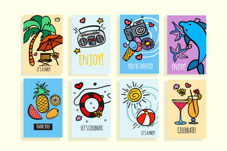 Universal summer posters set. Creative hand hrawn summer doodles. Cards for party and holidays invitations.  Summer vacation cards set.のイラスト素材