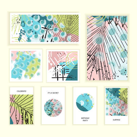 Universal floral posters set. Creative hand drawn textures with palm leaves. Tropical style cards for wedding, anniversary, birthday, Valentin's day, party invitations.のイラスト素材