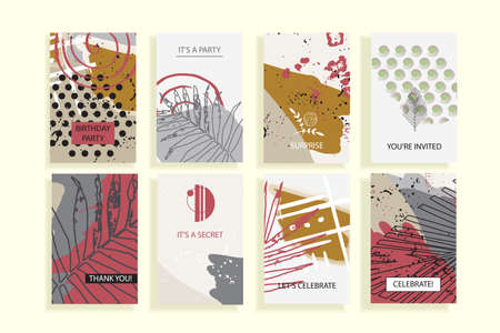 Set of universal tropic style posters. Creative hand drawn trendy textures. Tropical uniqeu cards for wedding, anniversary, birthday, Valentin's day, party invitations.のイラスト素材