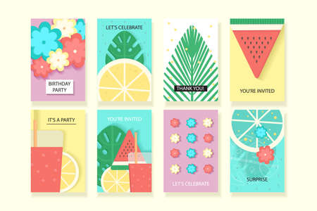 Universal summer posters set. Creative flat style textures with fruits and cocktail. Tropical summer cards for wedding, anniversary, birthday, party invitations.のイラスト素材