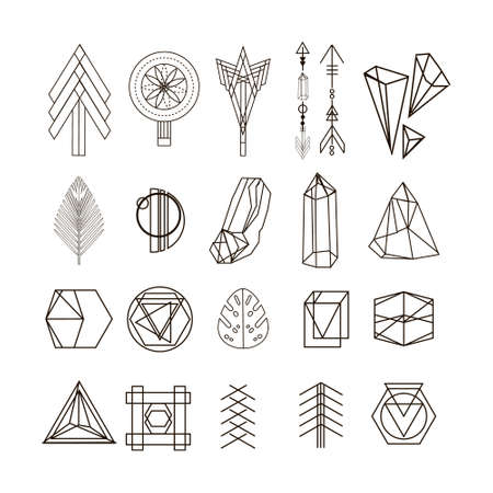 Set of minimal geometric shapes.Trendy hipster linear symbols, icons and logotypes. Ethnic aztec patterns. Geometric decor items. Vector illustration.のイラスト素材