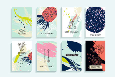 Universal abstract posters set. Creative abstract pineapple concept cards. Trendy creative abstract cards for wedding, anniversary, birthday, Valentin's day, party invitations, web, print.のイラスト素材