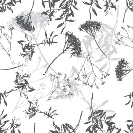 Floral black and white seamless pattern. Universal floral background. Dry leaves and flowers pattern design.のイラスト素材