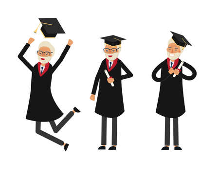 Group of graduate students. Old man graduate. Grandfathers graduation. Happy old student vector illustration.のイラスト素材