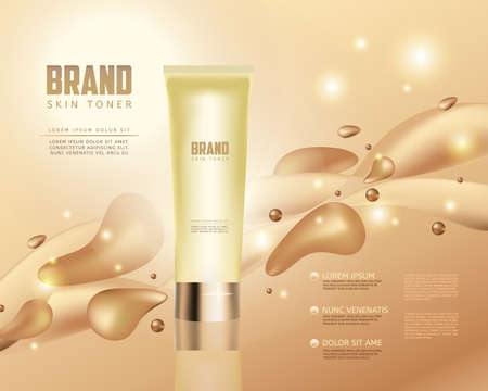Skin toner contained in tube on golden background. 3D vector illustration. Skin toner ads template. Make-up, clean skin concept.のイラスト素材