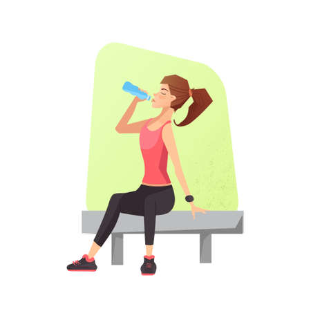 Exhausted woman dehydrated feeling exhaustion and dehydration from working out at gym. Female siting on a bench and drinking water. Vector illustration.のイラスト素材
