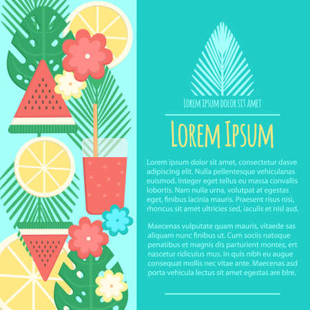 Summer letterhead template in flat style. Vector business template with watermelon, lemon, palm leaves, flowers and summer cocktail. Summer template concept.のイラスト素材