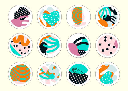 Set of decor elements and stickers with hand drawn textures. Vector trendy art with doodle elements. Beautiful Scrapbook Elements. Ideal for cards, posters, invitations.のイラスト素材