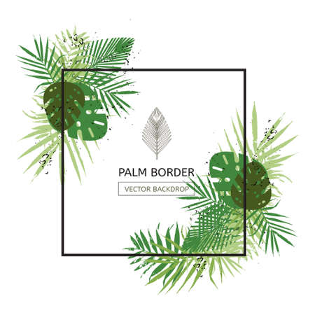 Frame border design decorated with floral tropical palm leaves. Creative border with room for your message. Trendy style vector illustration.のイラスト素材