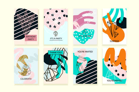 Universal abstract posters set. Creative abstract painting concept cards. Trendy creative abstract cards for wedding, anniversary, birthday, Valentin's day, party invitations, web, print.のイラスト素材