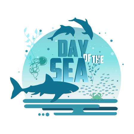 Day of the sea poster. Creative poster concept for the Day of the sea. Vector illustration. Underwater style banner.のイラスト素材