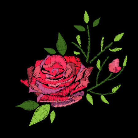 Embroidery stitches with rose flower. Vector fashion ornament on black background for fabric.のイラスト素材