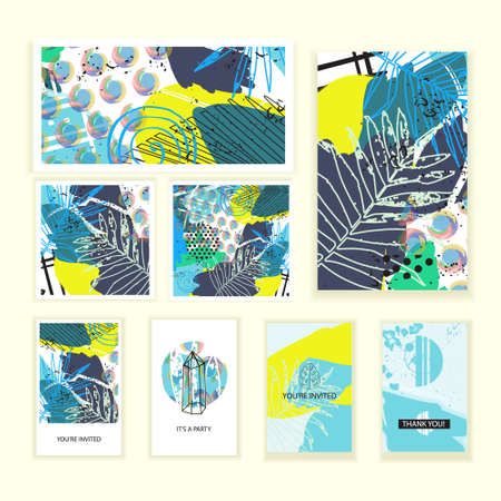 Universal abstract posters set. Creative geometric hipster cards. Trendy creative abstract cards for wedding, anniversary, birthday, party invitations, web, print.のイラスト素材