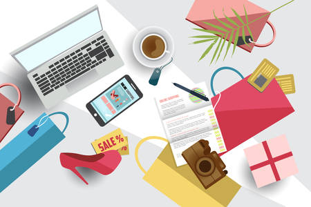 Online shopping concept illustration with laptop and smartphone. E-commerce business concept. Online shopping creative vector illustration.のイラスト素材