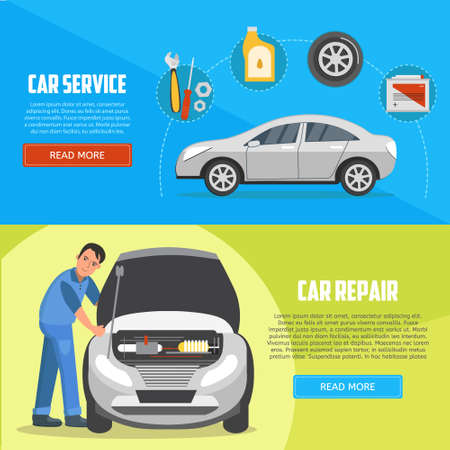 Flat horizontal banners with car mechanic. Car service and car repair vector banners. Auto service business concept illustration.のイラスト素材