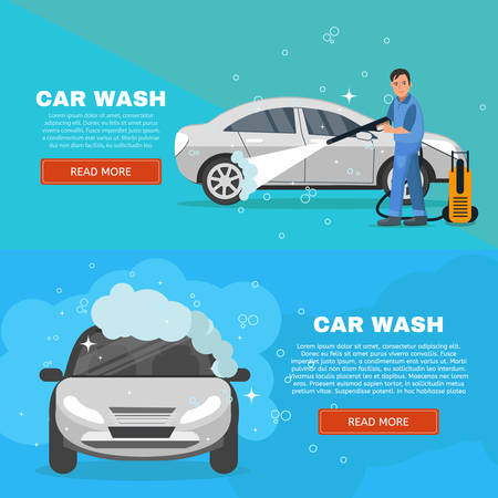 Vector concept car wash service illustration. Car washing concept horizontal banners set. Man worker washing car vector illustration.のイラスト素材