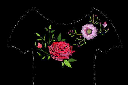Embroidery stitches with gerbera, rose and leaves. Vector asymmetrical traditional trend fashion ornament. Clothes design.のイラスト素材